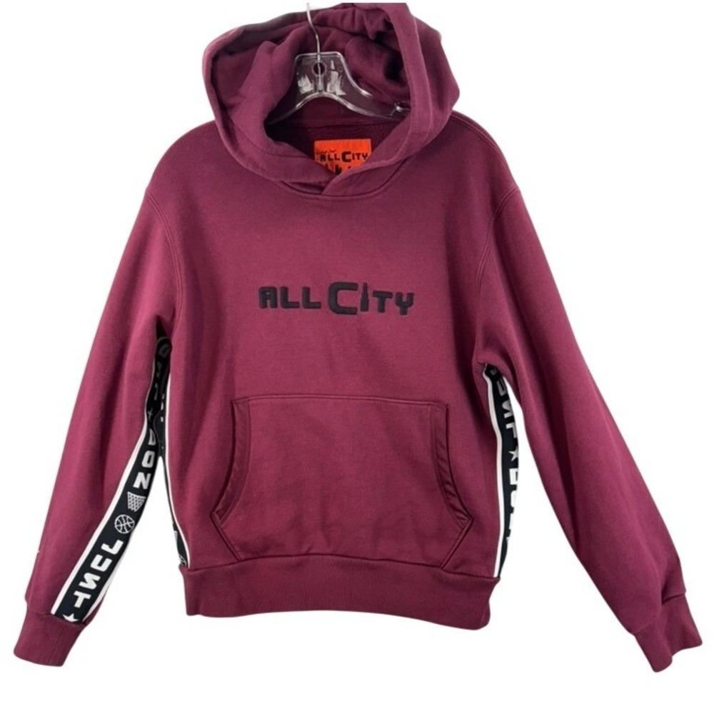All City Hoodie Mens Small Burgundy Embroidered Logo Taped Sleeves Streetwear